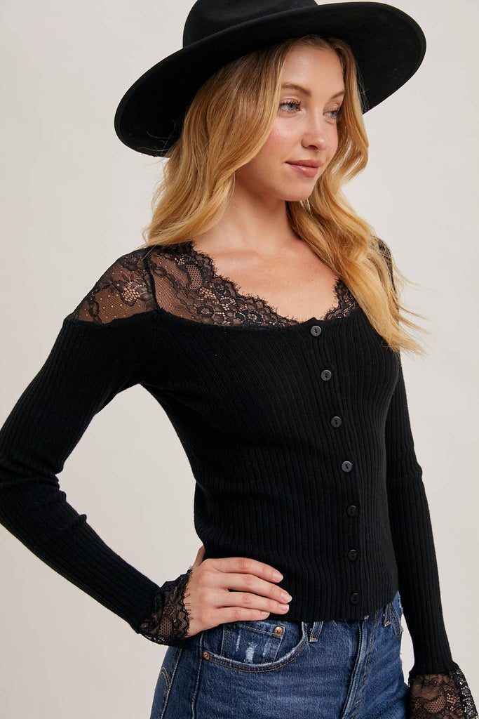 Lace Trimmed Shoulder Sweater Top
