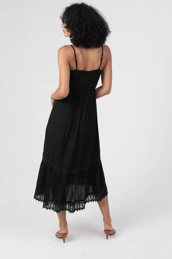 Lace Trimmed Black Midi Dress