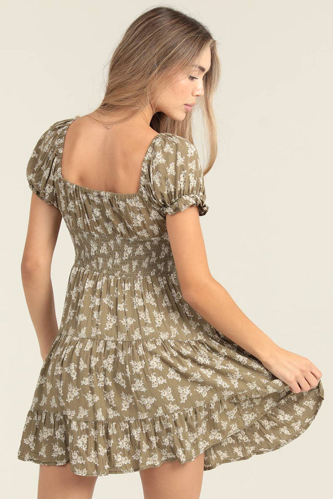 Olive Floral Bohemian Midi Dress