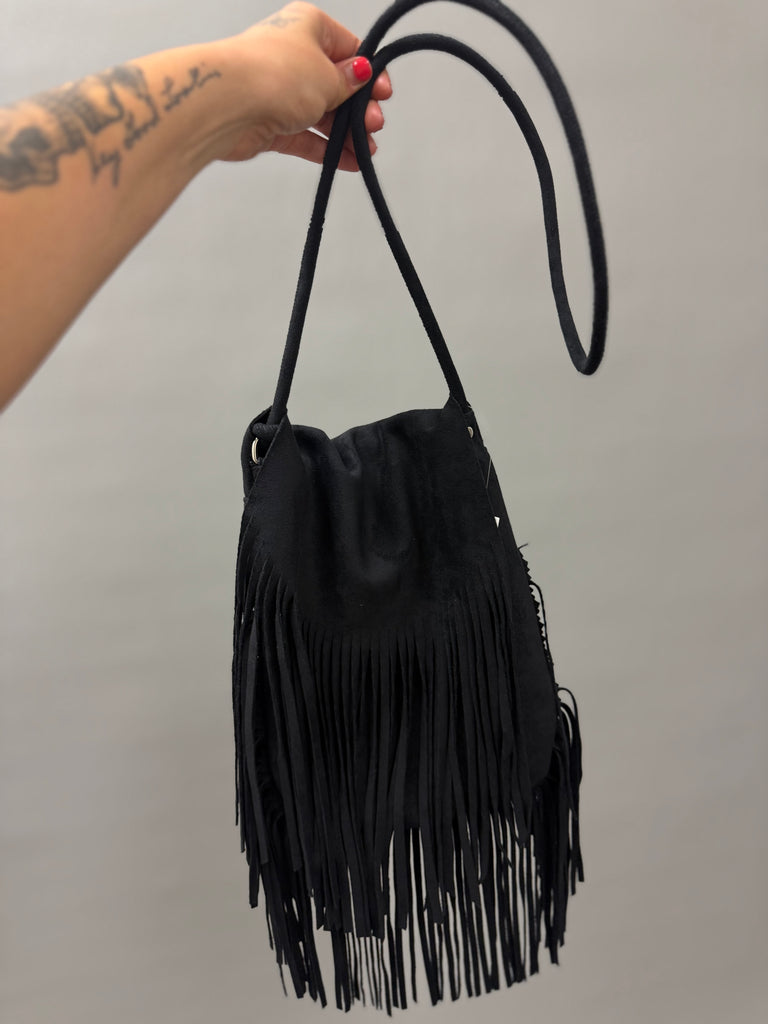 Black Faux Suede Fringe Bag