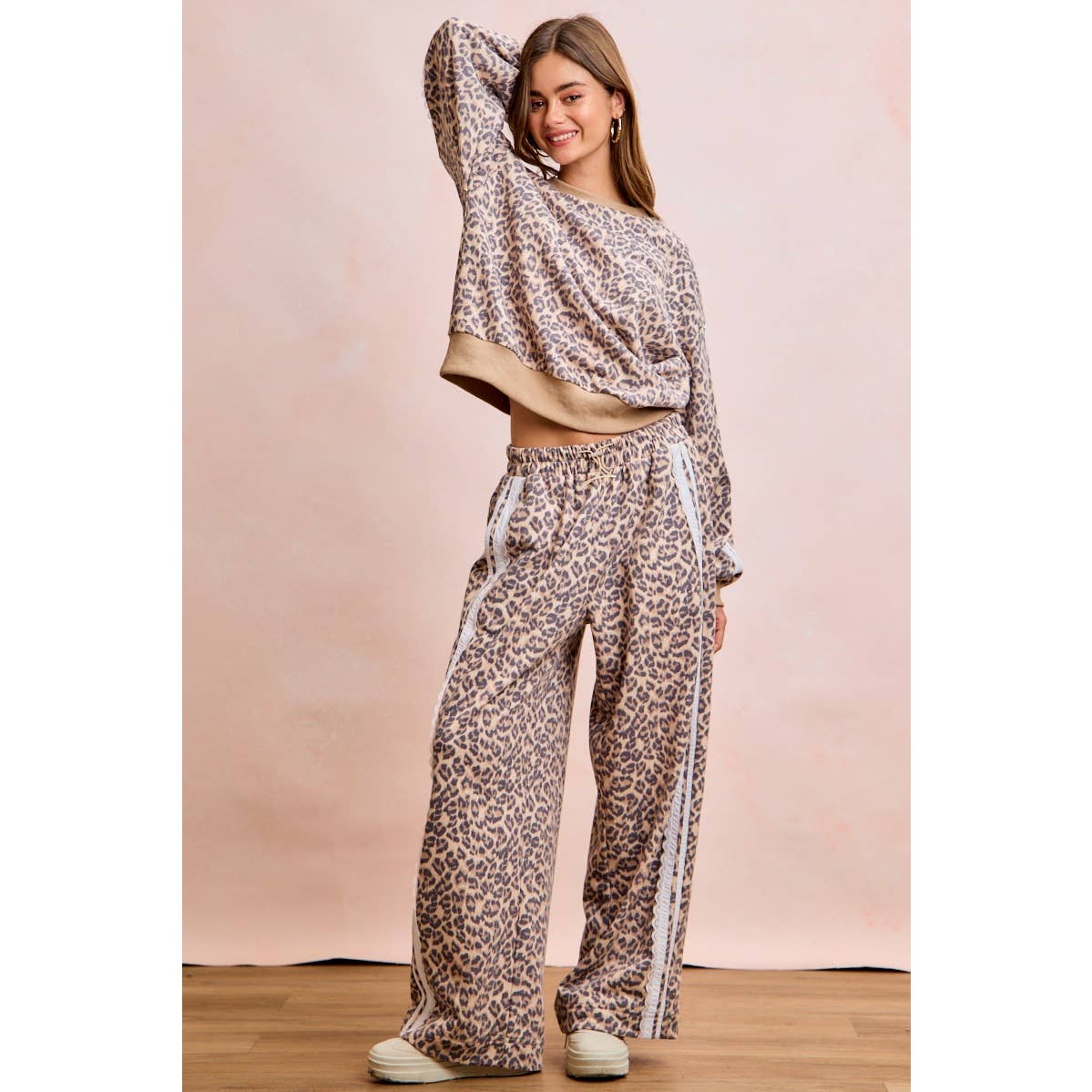LEOPARD FRENCH TERRY LACE CONTRAST SWEATPANTS