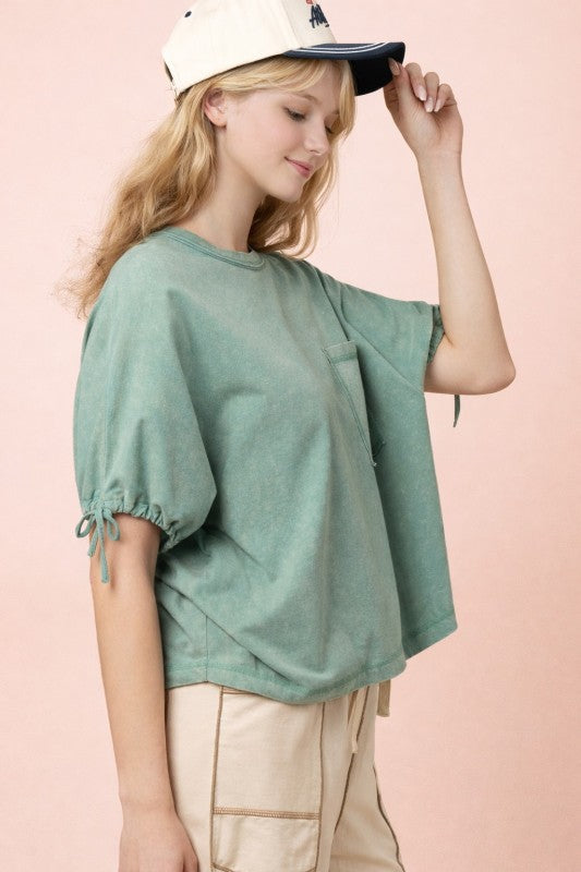 Sage Green Washed Tie Sleeve Tee