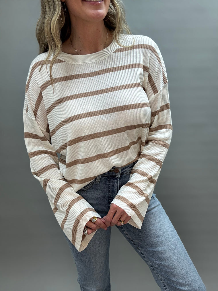 Bell Sleeve Mocha Stripe Long Sleeve