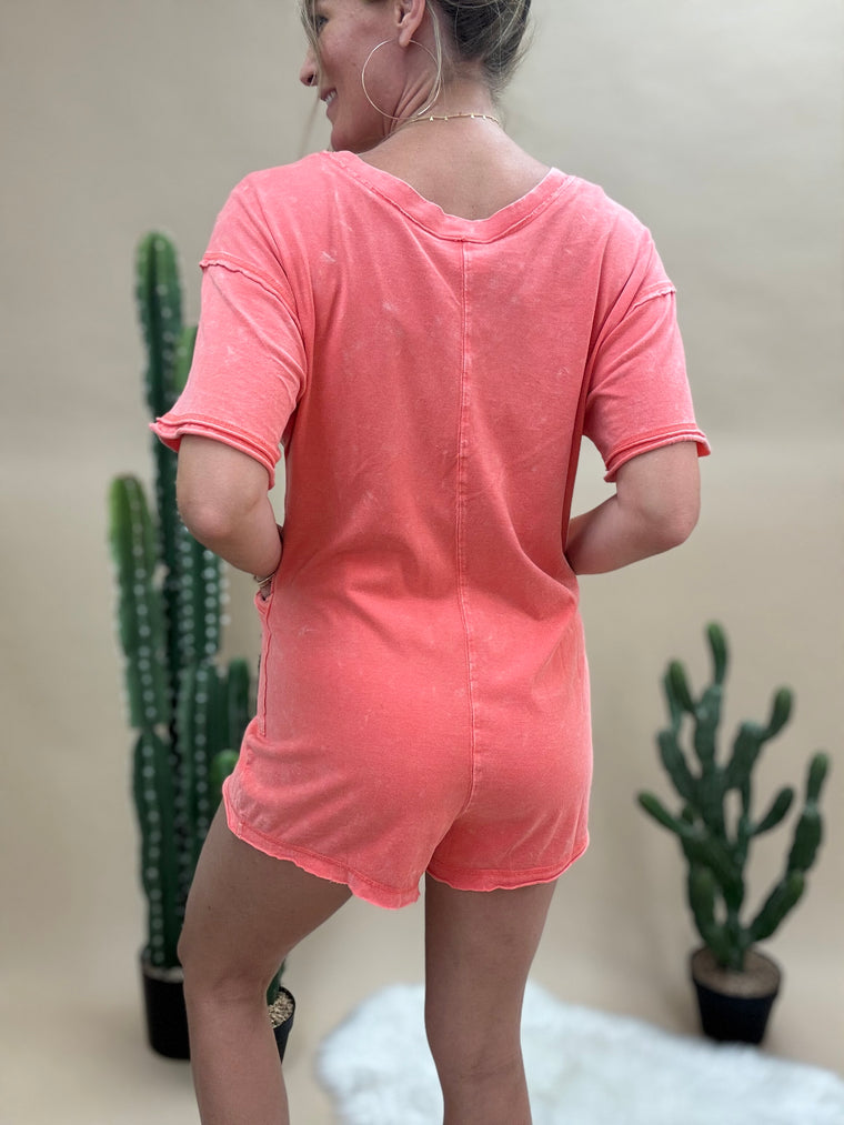 Coral Mineral Washed T-Shirt Romper