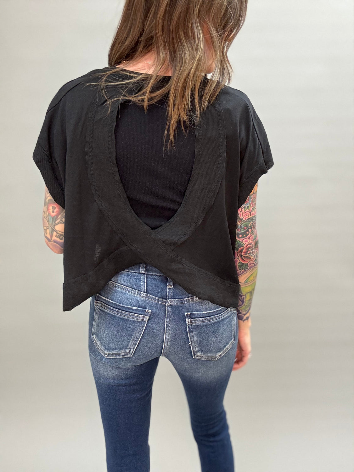 Cross Over Black Open Back Crop Tee
