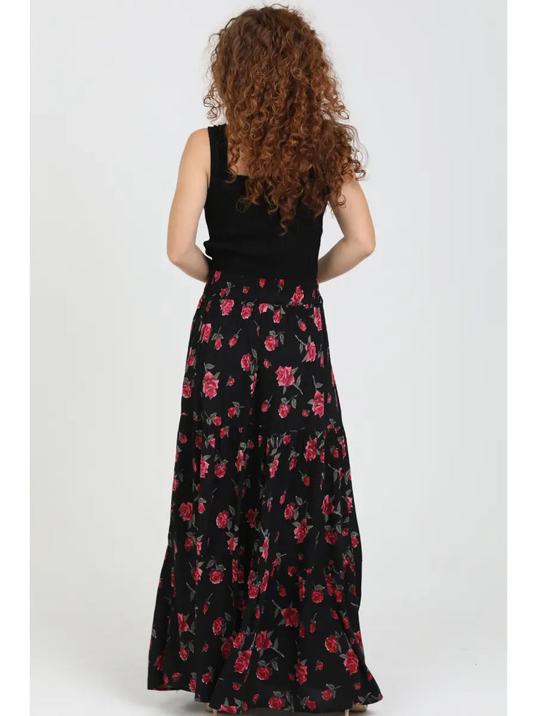 Black Roses Maxi Slit Skirt