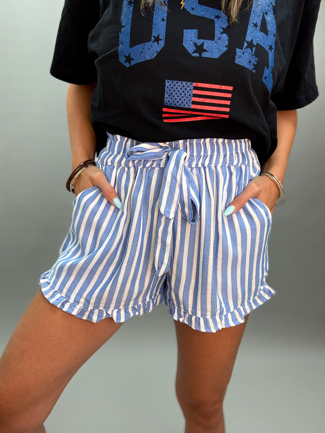 Marina Blue Stripe Ruffle Short