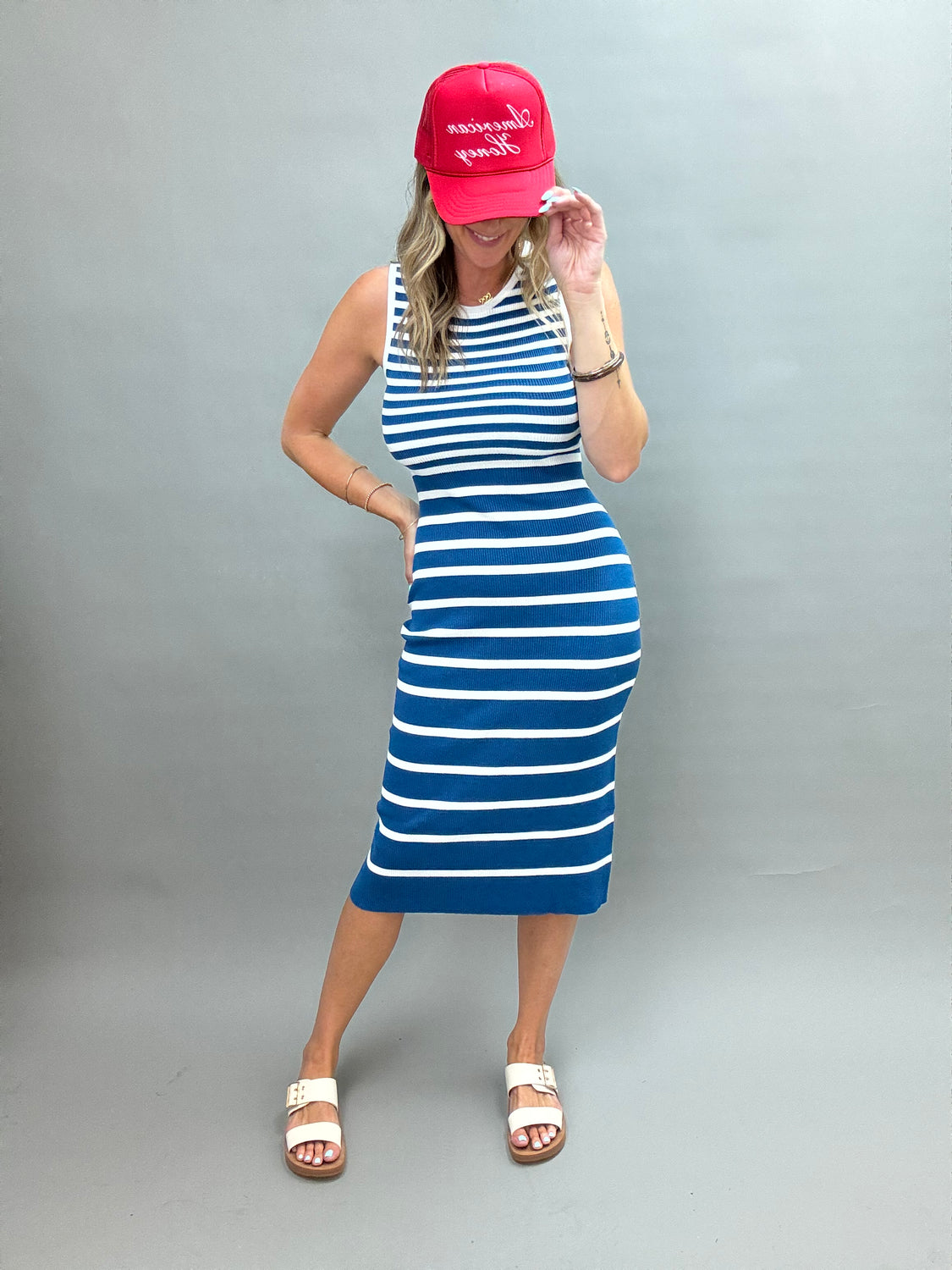 Blue Striped Ribbed Tank Dress