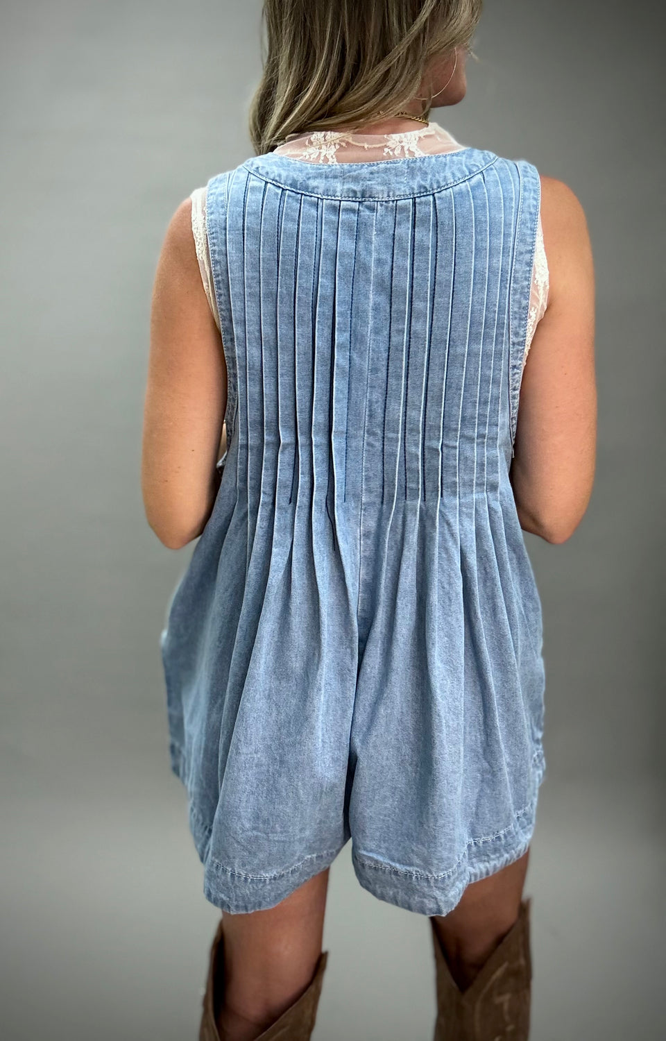Front Pleated V Neck Sleeveless Denim Romper