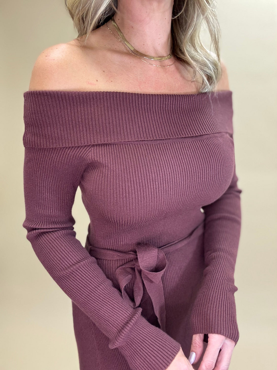 Off The Shoulder Baked Raisin  Sweater Dress