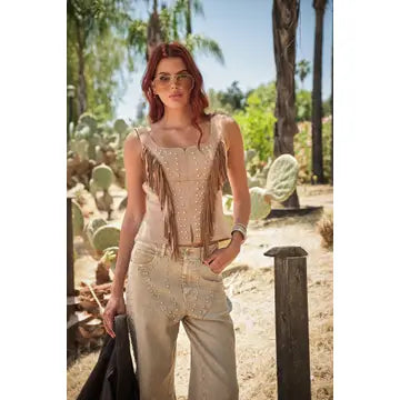 Fringe Studded Faux Suede Top