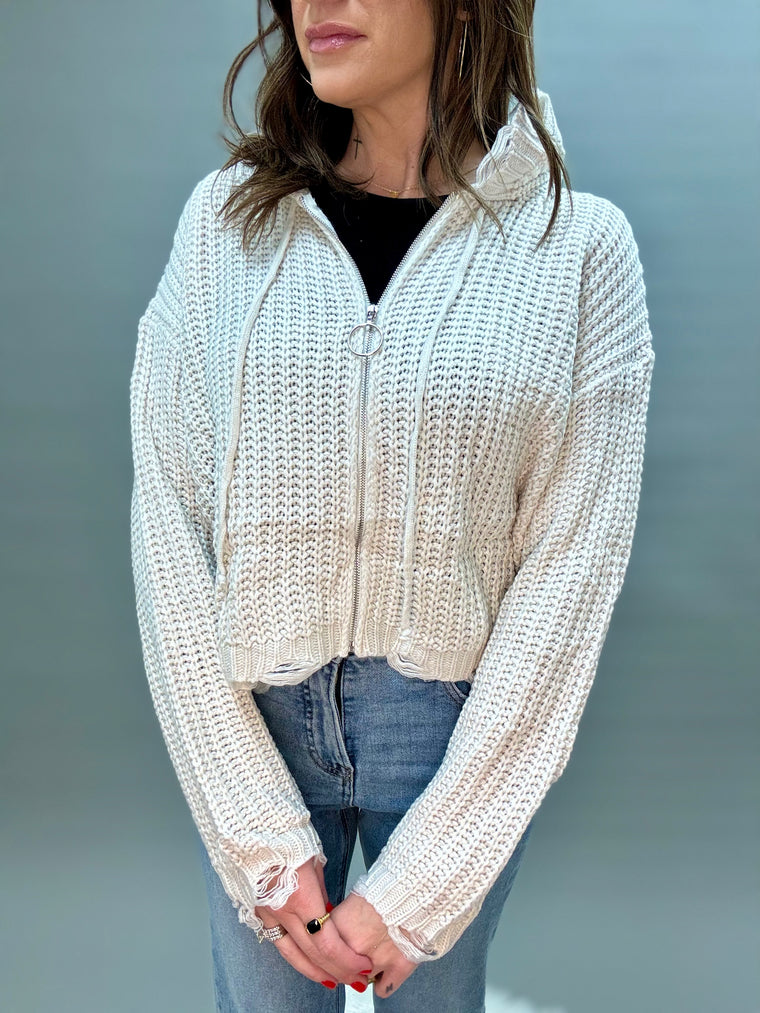 Tabby Knit Distressed Zip Up Sweater