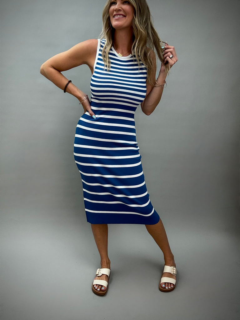 Blue Striped Ribbed Tank Dress