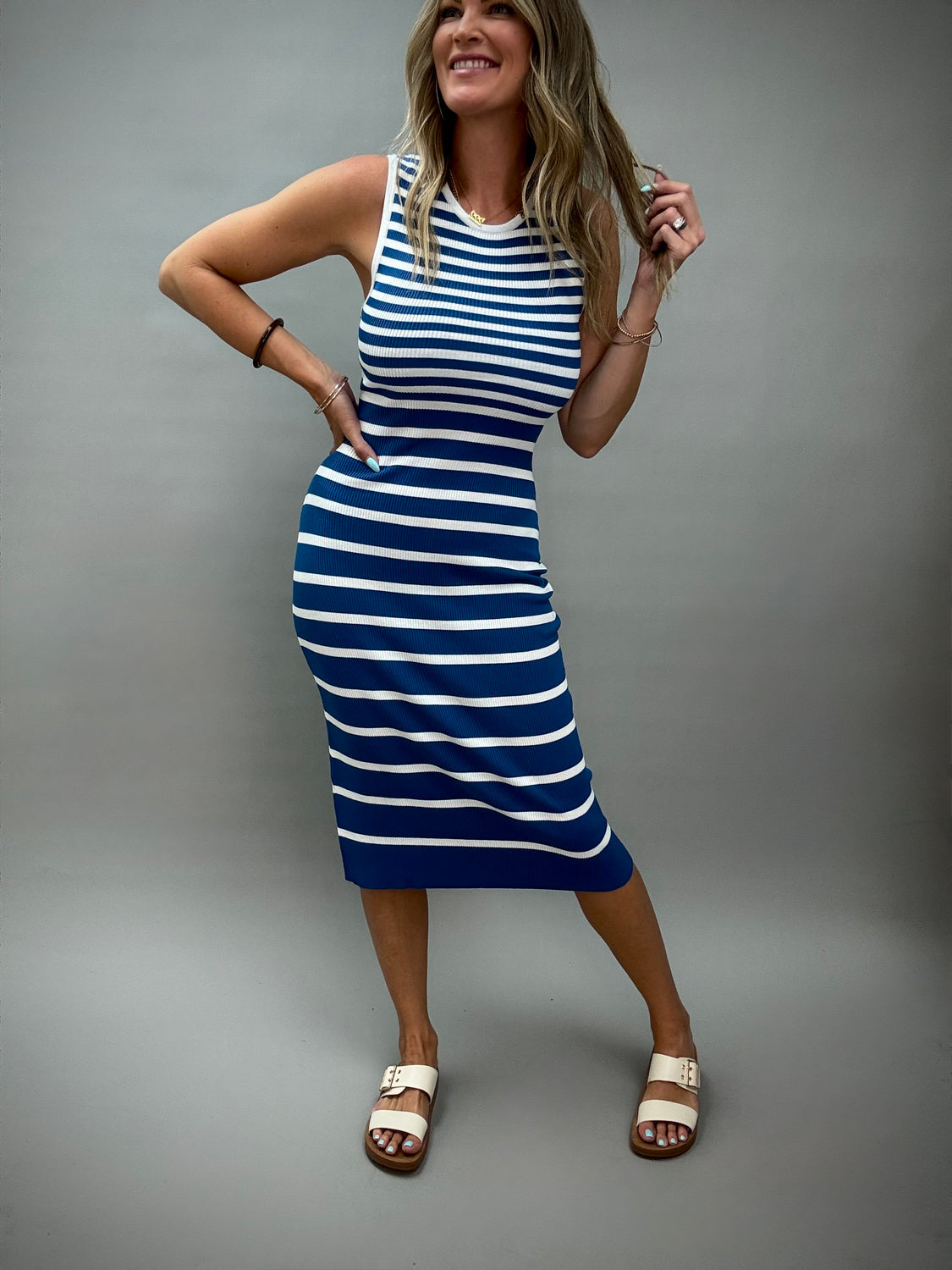 Blue Striped Ribbed Tank Dress