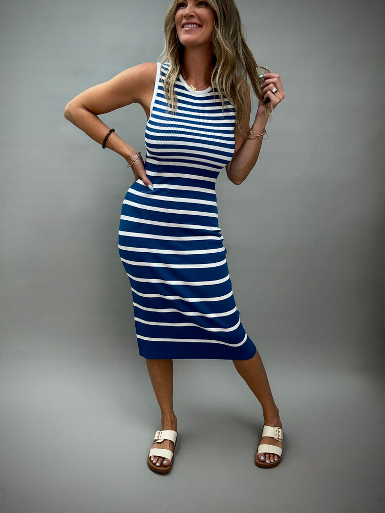 Blue Striped Ribbed Tank Dress