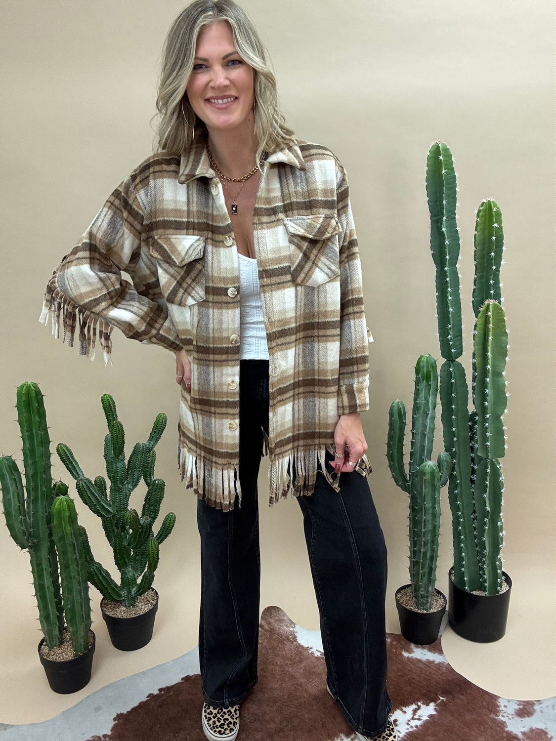 Harvest Plaid Fringe Coat