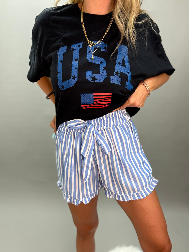 Marina Blue Stripe Ruffle Short
