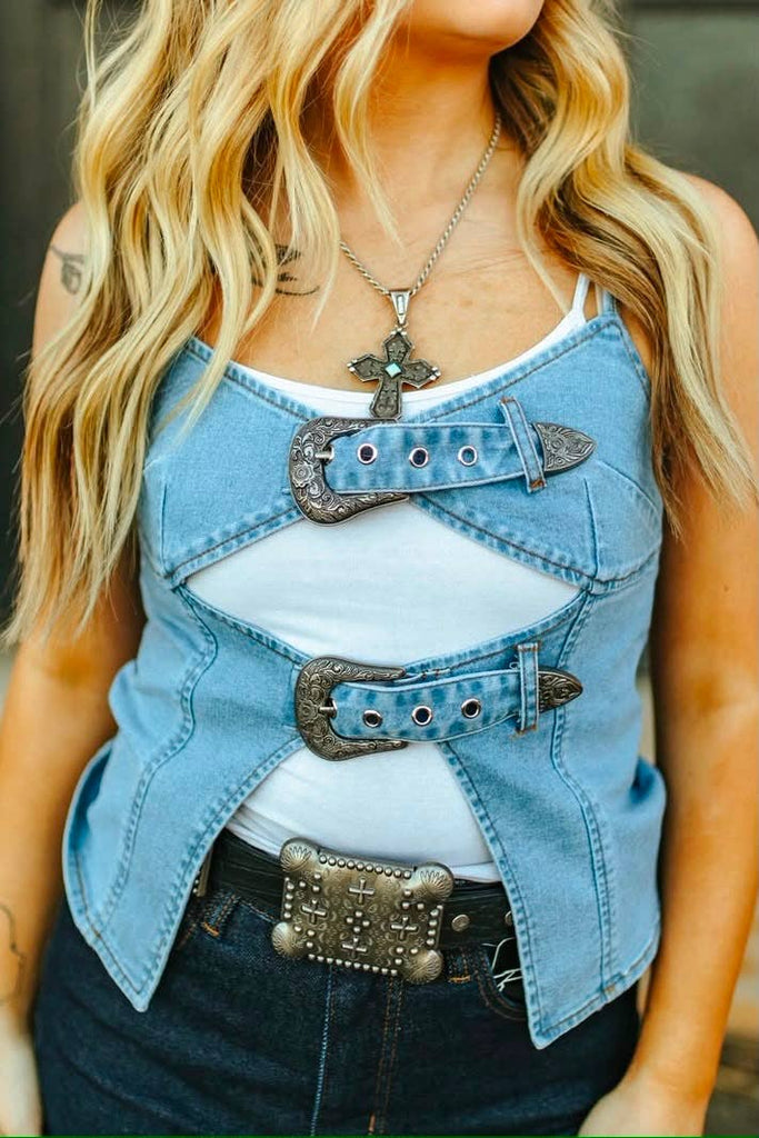 Buckled Up Denim Top