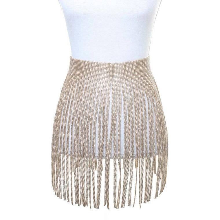 Rhinestoned Gold Fringe Belt