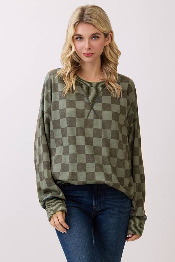 Checker Drop Shoulder Pullover