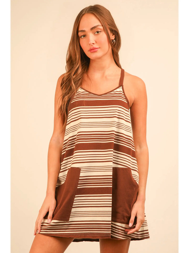 Chocolate Cream Stripe Tank Dress With Shorts