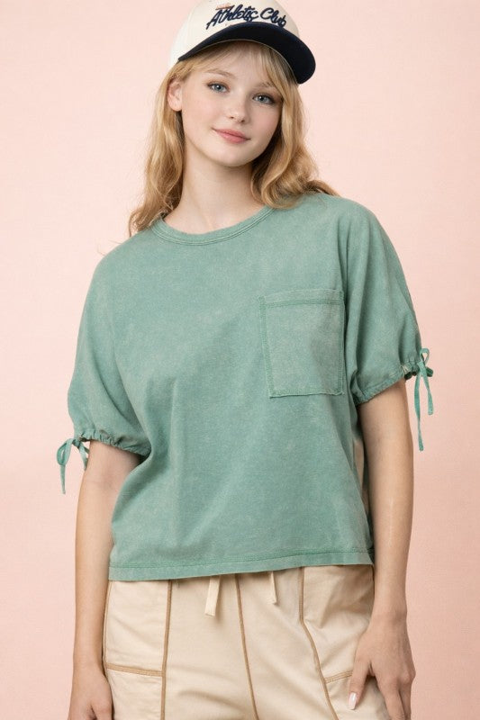 Sage Green Washed Tie Sleeve Tee