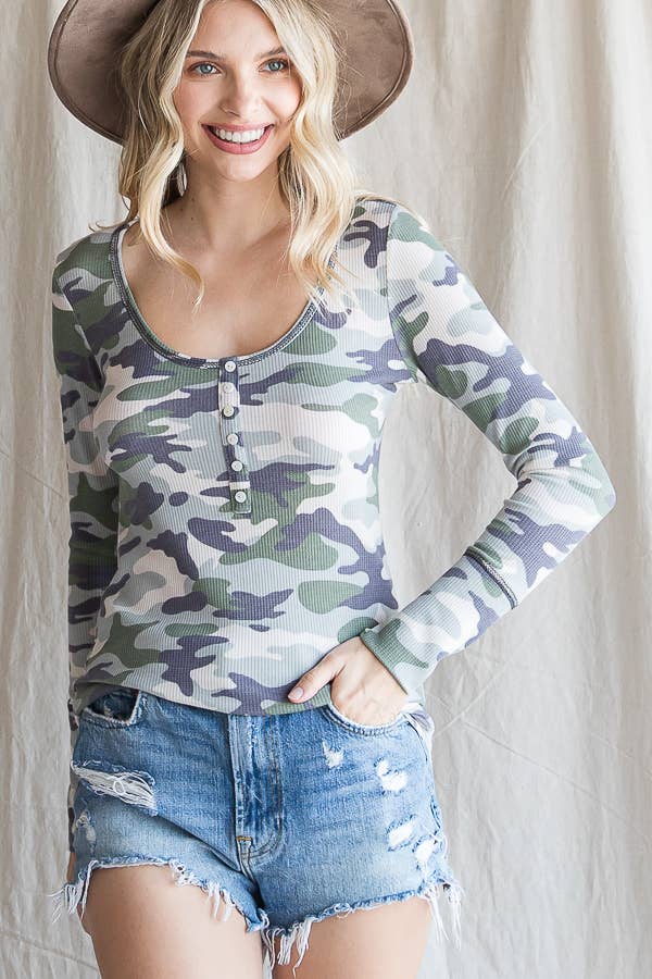 Soft Camo Waffle Long Sleeve Top