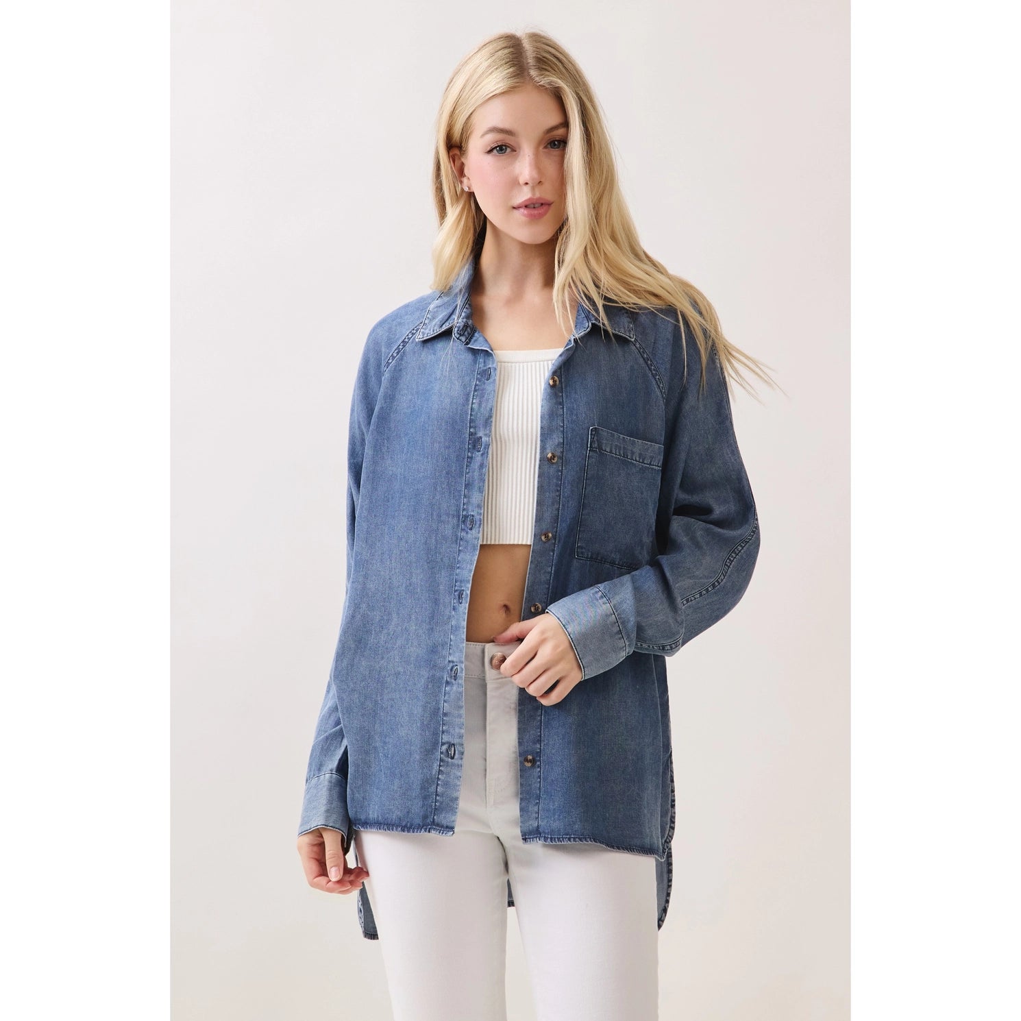 Tencel Medium Denim Button Down Top