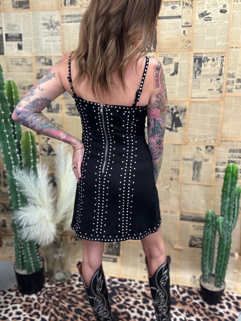Floral Studded Mini Denim Dress
