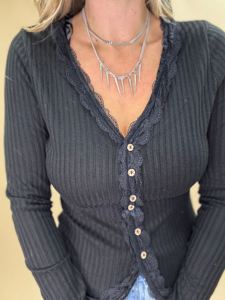 Lace Trim Button Knit Top