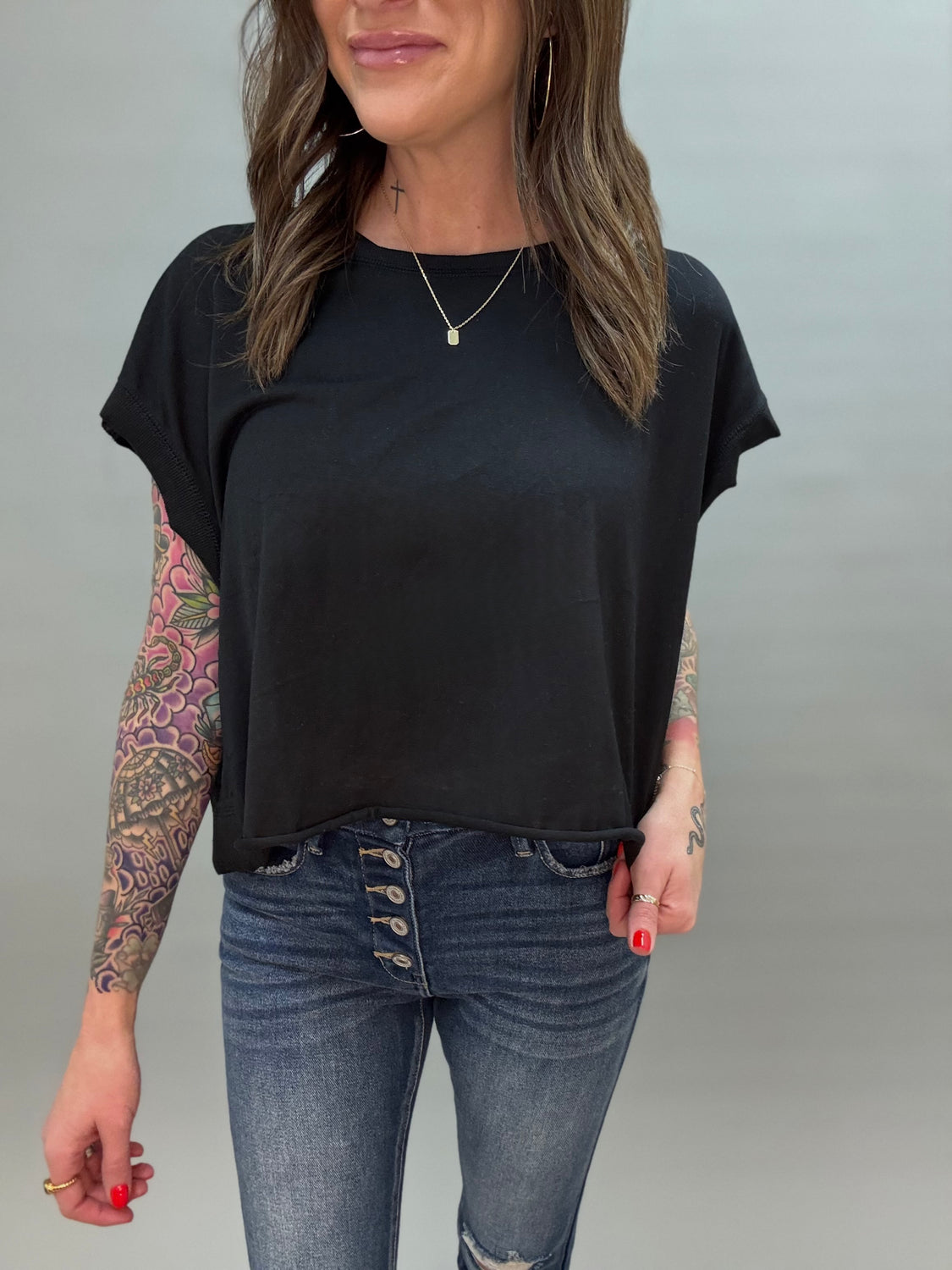 Cross Over Black Open Back Crop Tee