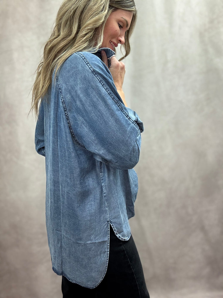Tencel Medium Denim Button Down Top