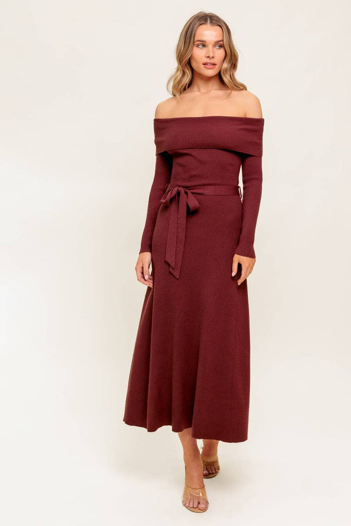 Off The Shoulder Baked Raisin  Sweater Dress