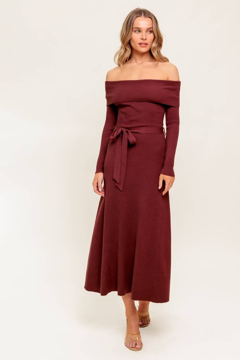Off The Shoulder Baked Raisin  Sweater Dress
