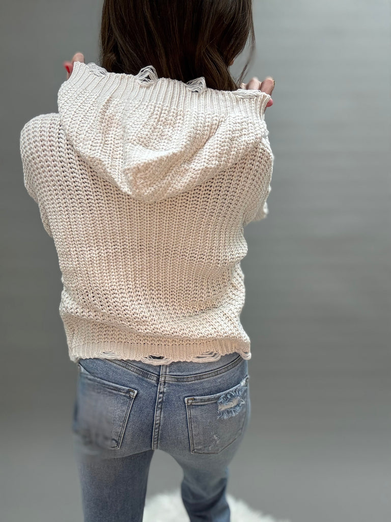 Tabby Knit Distressed Zip Up Sweater