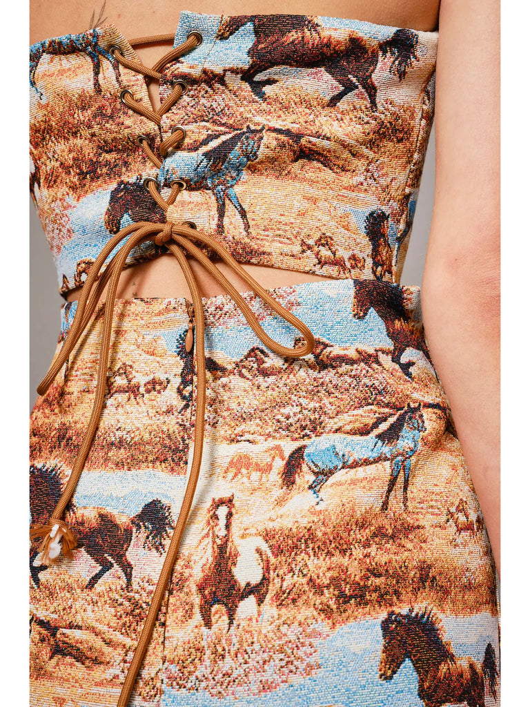 Jacquard Horse Lace Up Mini Dress