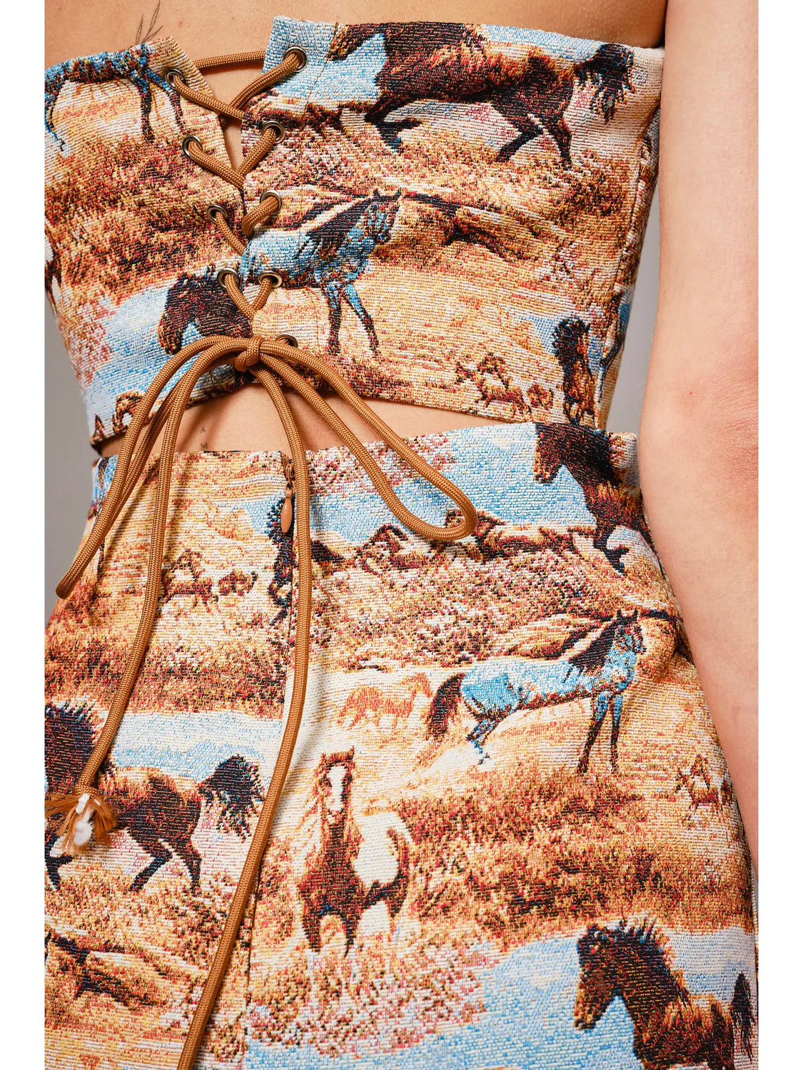 Jacquard Horse Lace Up Mini Dress
