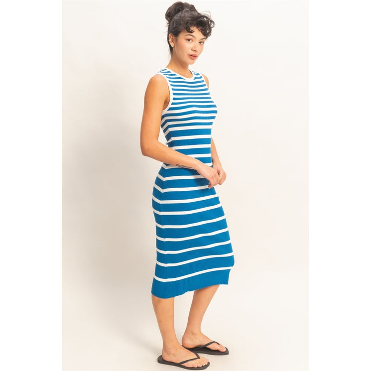 Blue Striped Ribbed Tank Dress