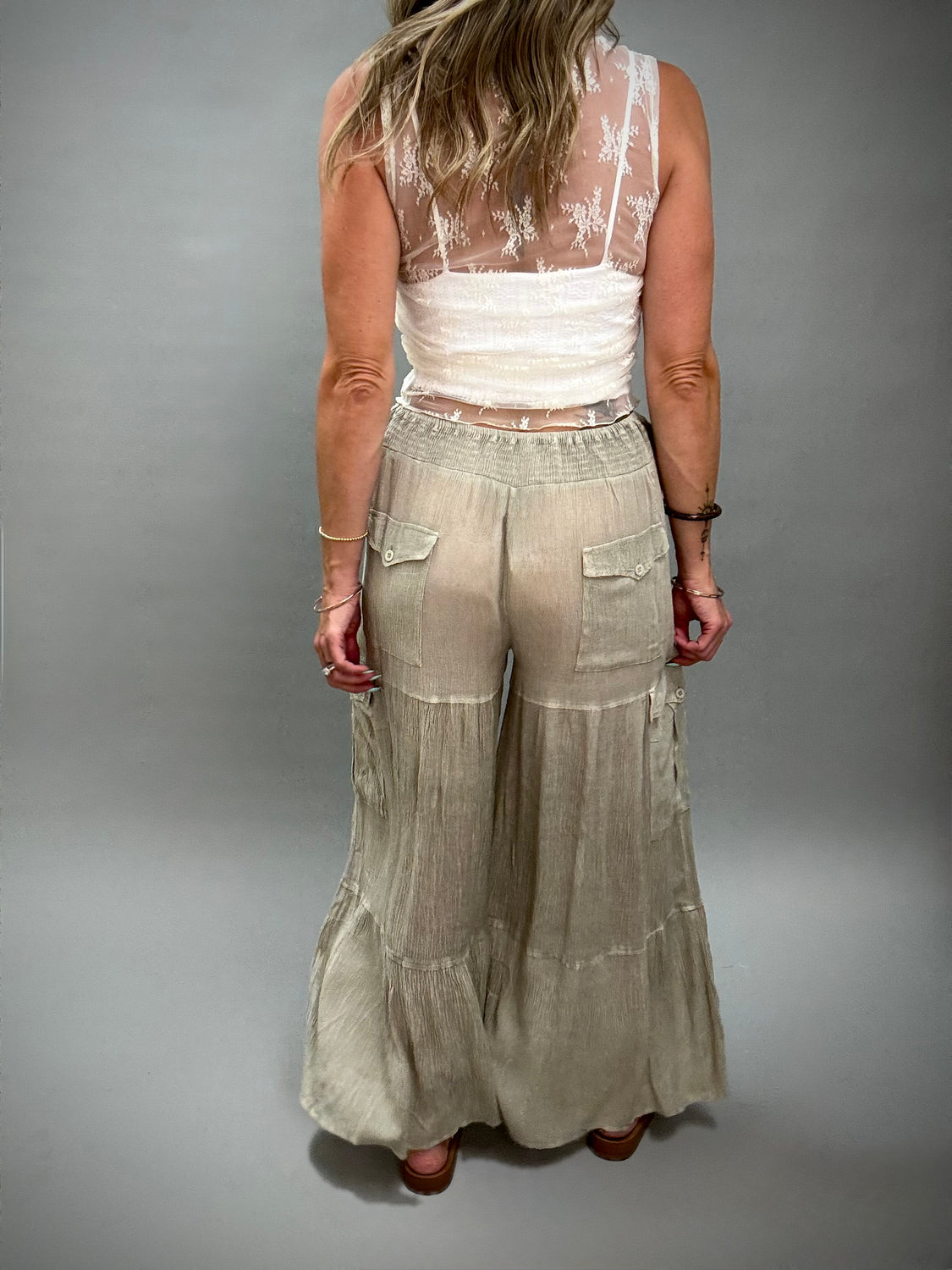 Dusty Sage Wide Leg Cargo Pants