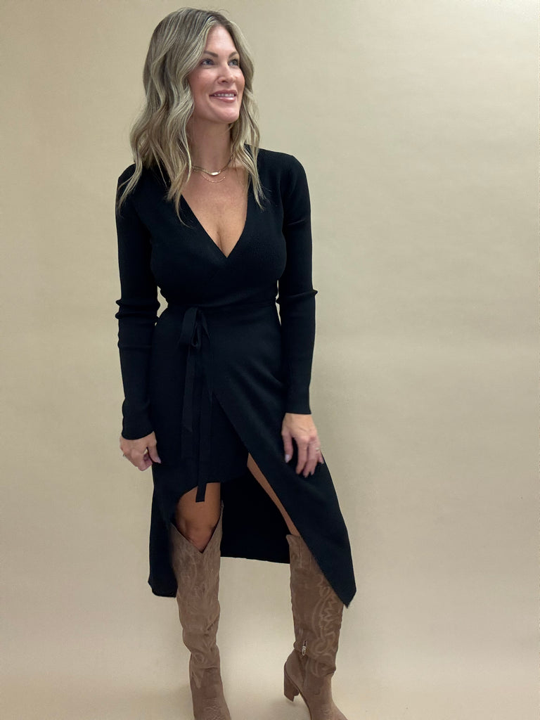 Cozy Black Wrap Sweater Dress