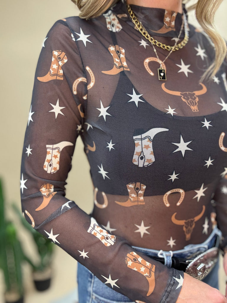 Horseshoe Print Mesh Bodysuit