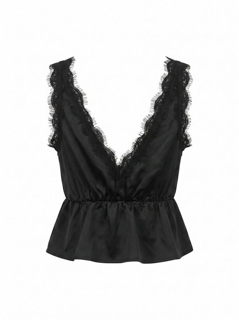Lace Trim Tie Front Top