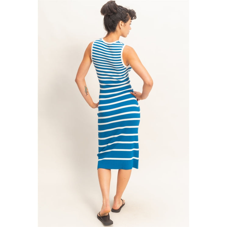 Blue Striped Ribbed Tank Dress