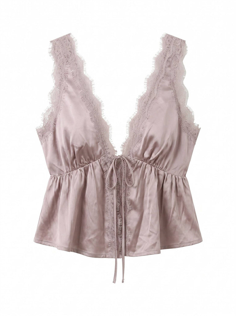 Lace Trim Tie Front Top