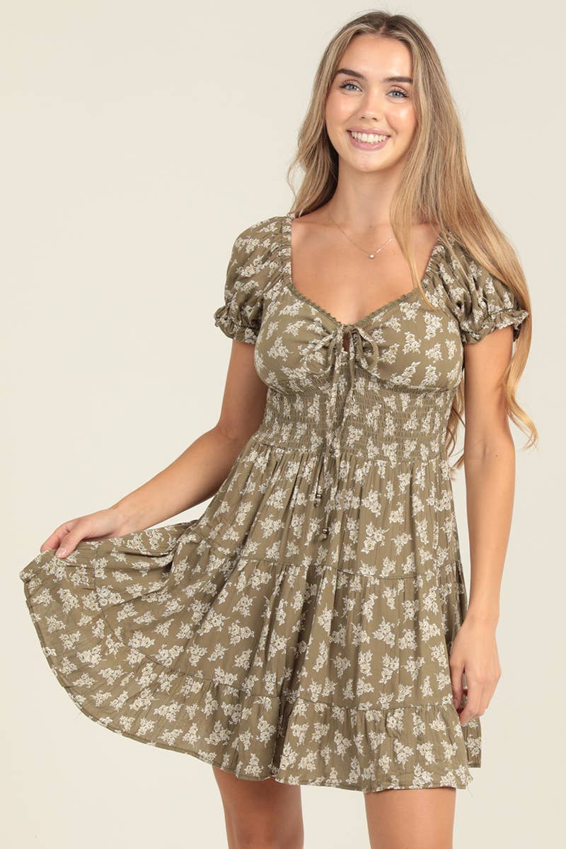 Olive Floral Bohemian Midi Dress
