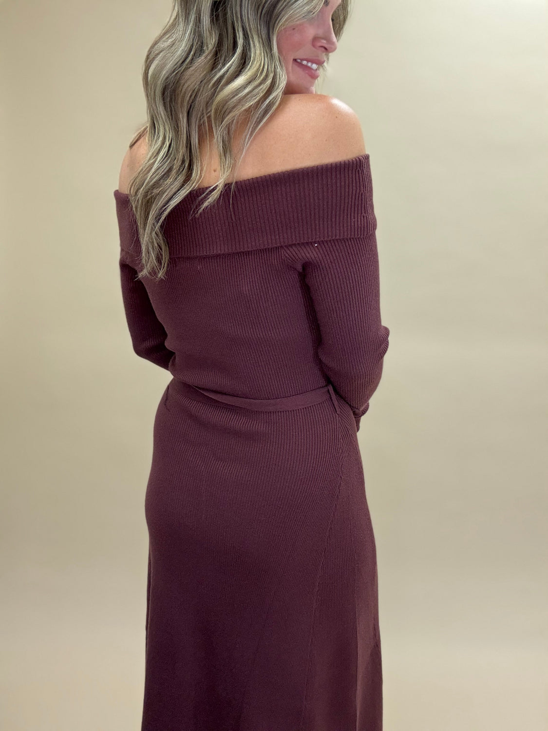 Off The Shoulder Baked Raisin  Sweater Dress