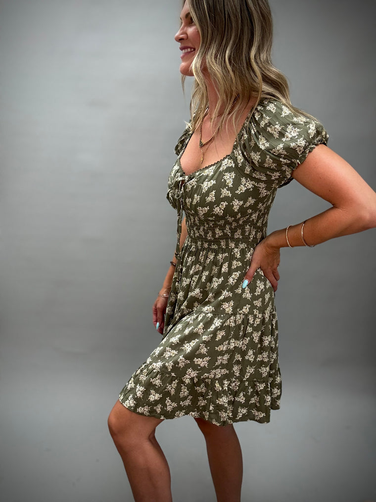 Olive Floral Bohemian Midi Dress