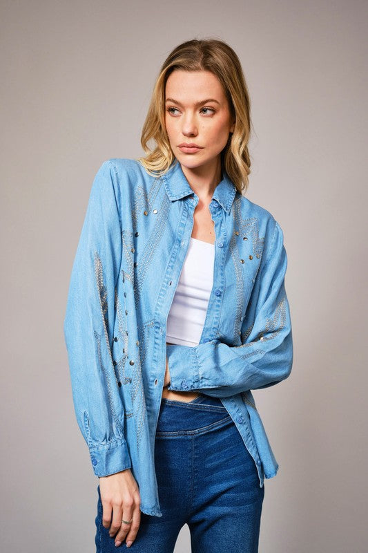 Rodeo Nights Embellished Denim Shirt