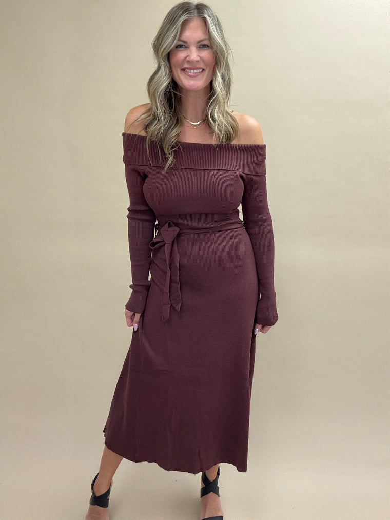 Off The Shoulder Baked Raisin  Sweater Dress