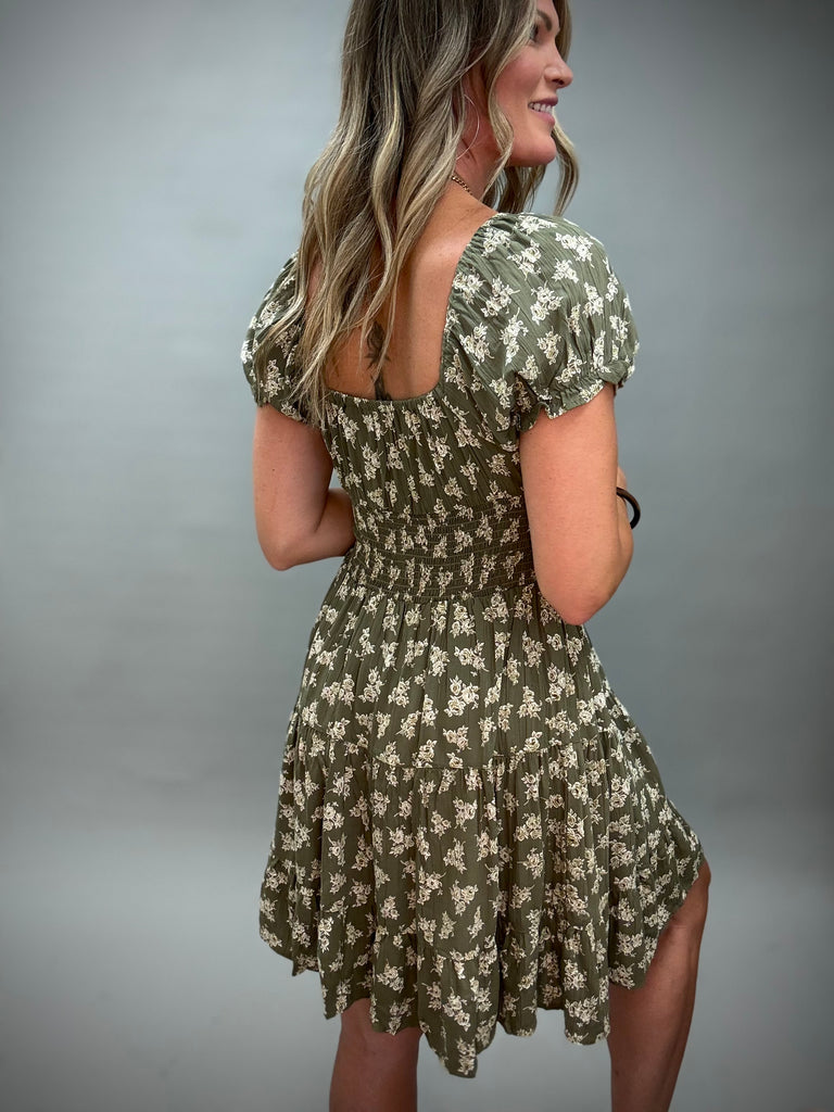 Olive Floral Bohemian Midi Dress